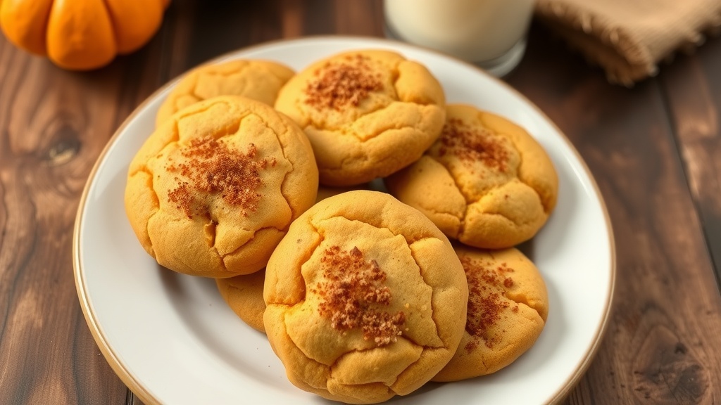 Soft Pumpkin Cookies with Vanilla Soft pumpkin cookies on a plate with a glass of milk, set on a rustic wooden table.